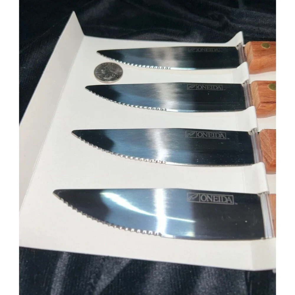 4  NIB Oneida Jumbo Steak Knives Wood Handles Stainless Serrated Blades